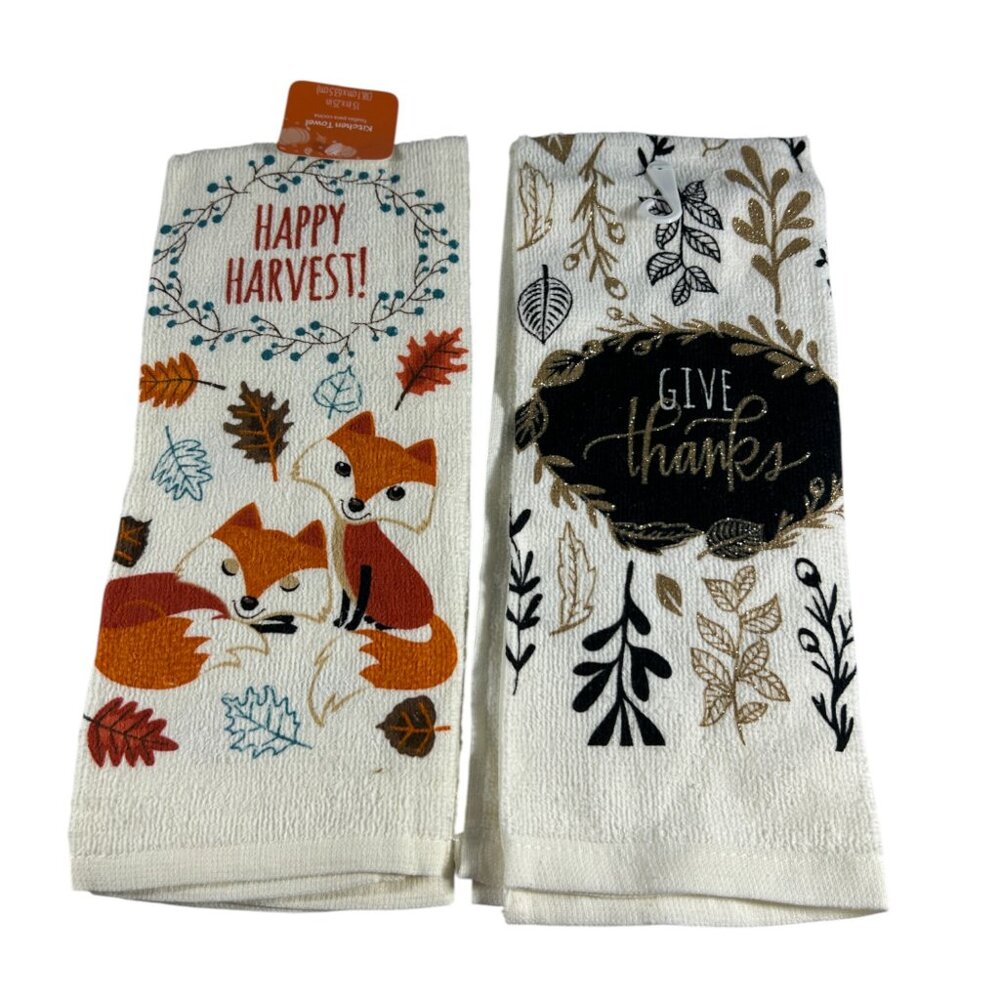 Women Owned Set 2 Kitchen Dish Towels Fox Fall Harvest Thanksgiving Cotton - Picture 5 of 5